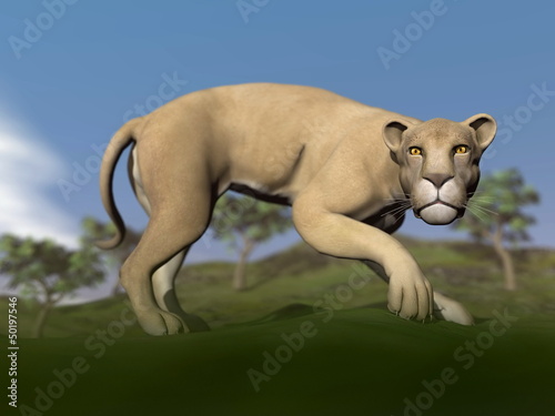 Illustration: Vigilent lioness - 3D render Vigilent lioness - 3D render