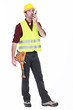Workman using walkie-talkie on white background