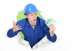 craftsman holding bills and looking surprised