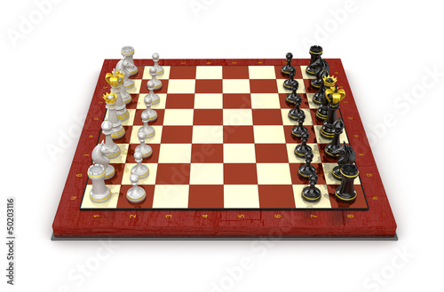 Illustration: Chess pieces board. All pieces in starting position Chess pieces board. All pieces in starting position