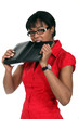 Woman biting diary