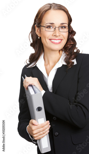 Photo: Businesswoman with grey folder, isolated Businesswoman with grey folder, isolated