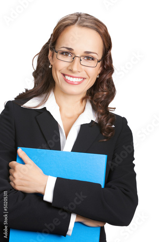 Photo: Smiling businesswoman with blue folder, on white Smiling businesswoman with blue folder, on white