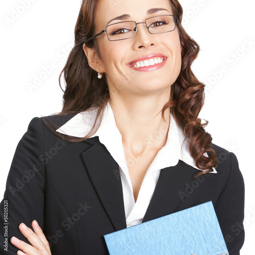 Photo: Young businesswoman with notepad, isolated Young businesswoman with notepad, isolated