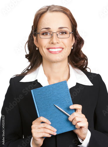 Photo: Young businesswoman with notepad, isolated Young businesswoman with notepad, isolated