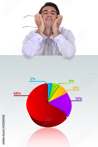 Photo: Happy businessman standing by pie-chart Happy businessman standing by pie-chart