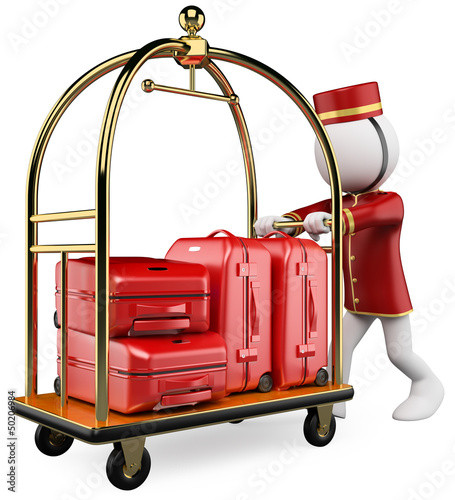 Illustration: 3D white people. Hotel luggage cart 3D white people. Hotel luggage cart