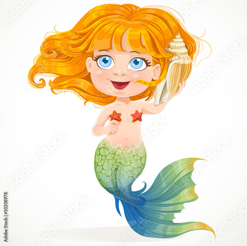 Vector: Little red-haired girl mermaid hears sounds in shell Little red-haired girl mermaid hears sounds in shell
