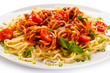 Pasta with meat, tomato sauce, parmesan and vegetables