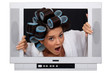 girl in TV screen with hair curlers