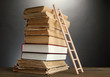 Old books and wooden ladder, on grey background