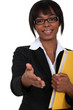 Working woman holding her hand out