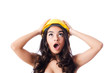 Young woman with hellow hard hat on white