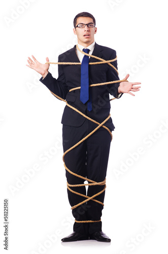 Photo: Businessman tied up with rope on white Businessman tied up with rope on white
