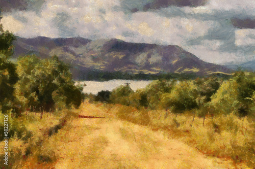 Illustration: Gravel Road Leading to Dam Painting Gravel Road Leading to Dam Painting