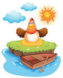 A chicken hatching eggs in an island