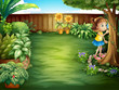 A little girl studying the plants in the garden
