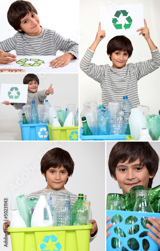 Photo: Collage of a boy recycling Collage of a boy recycling