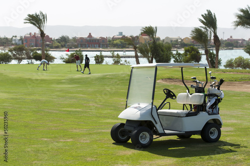Photo: Electric golf buggy on a fairway Electric golf buggy on a fairway