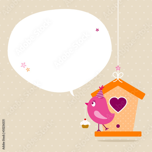 Vector: Pink Bird Cupcake Birdhouse Speech Bubble Beige Dots Pink Bird Cupcake Birdhouse Speech Bubble Beige Dots