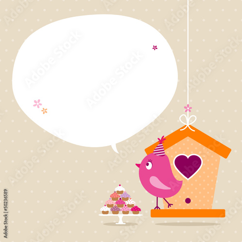 Vector: Pink Bird 10 Cupcakes House Speech Bubble Beige Dots Pink Bird 10 Cupcakes House Speech Bubble Beige Dots