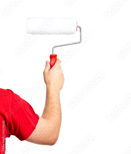 Photo: Painter with painter roller isolated on white Painter with painter roller isolated on white