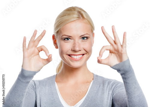 Photo: Portrait of woman okay gesturing with two hand Portrait of woman okay gesturing with two hand
