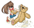 A naughty girl is destroying a teddy bear aggressively.
