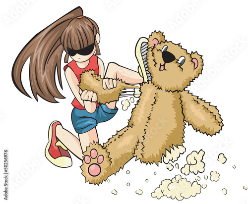 Vector: A naughty girl is destroying a teddy bear aggressively. A naughty girl is destroying a teddy bear aggressively.