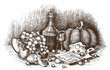 Still life with fruit, cheese, and wine drawing by hand