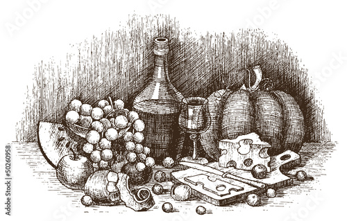 Vector: Still life with fruit, cheese, and wine drawing by hand Still life with fruit, cheese, and wine drawing by hand