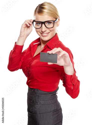 Photo: Businesswoman holding credit card. Isolated on white Businesswoman holding credit card. Isolated on white