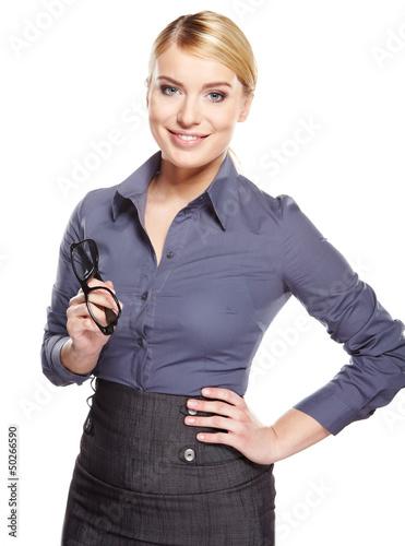 Photo: Businesswoman holding credit card. Isolated on white Businesswoman holding credit card. Isolated on white