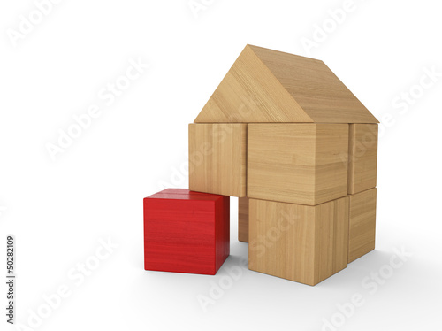 Illustration: Holzhaus Baustein Konzept - Rot Holzhaus Baustein Konzept - Rot