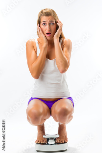 Photo: Young woman cowering on scale Young woman cowering on scale