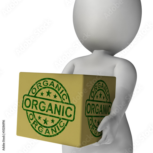 Illustration: Organic Stamp On Box Showing Natural Farm Eco Food Organic Stamp On Box Showing Natural Farm Eco Food