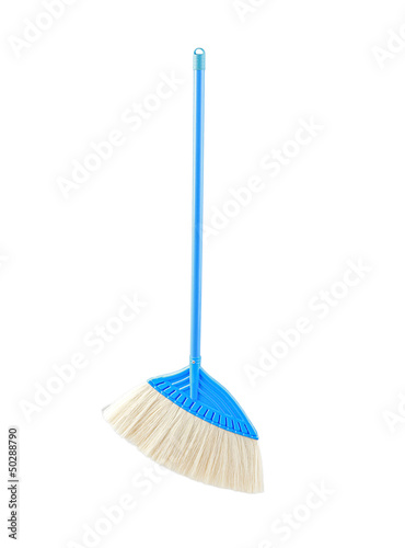 Photo: blue color broom for cleaning floor isolated blue color broom for cleaning floor isolated