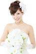 Beautiful asian woman dressed as a bride on white background