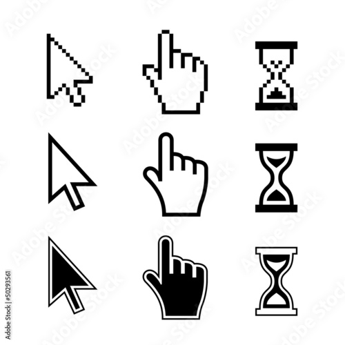 Vector: Pixel cursors icons. Hand Arrow Hourglass Pixel cursors icons. Hand Arrow Hourglass