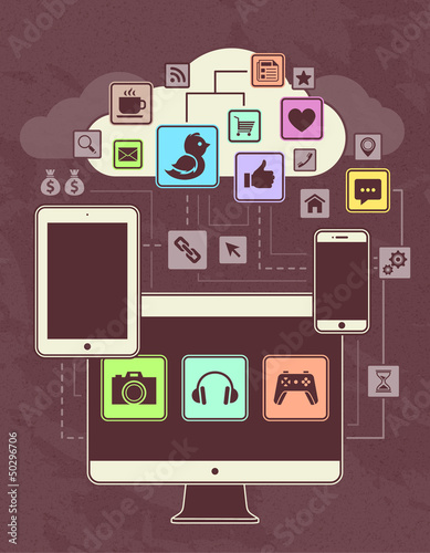 Vector: Gadgets, icons, networks, cloud. Gadgets, icons, networks, cloud.