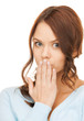 amazed woman with hand over mouth