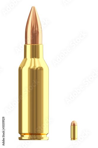 Illustration: Big and small ammo cartridges on white Big and small ammo cartridges on white