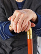 Elderly hands resting on stick
