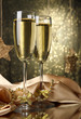 Two glasses of champagne on bright background with lights