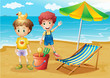 Kids at the beach with an umbrella and a foldable bed