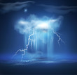 Vector night sea landscape with thunderstorm
