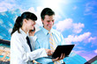 Happiness businessman and businesswoman on blur business archite