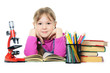 Photo: The little girl learn isolated on white background The little girl learn isolated on white background
