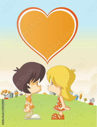 Vector: Couple of cute cartoon kids in love in the city park Couple of cute cartoon kids in love in the city park