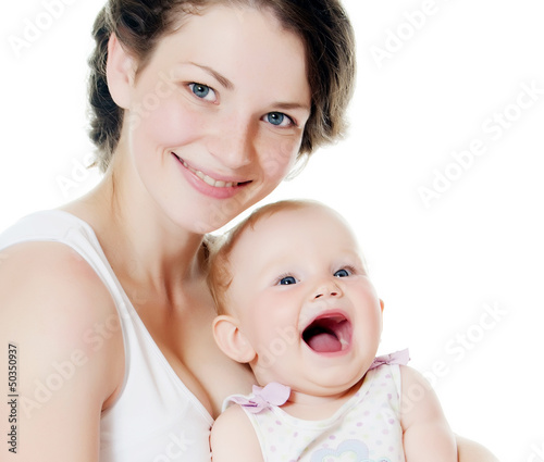 Photo: happy mother with baby over white happy mother with baby over white
